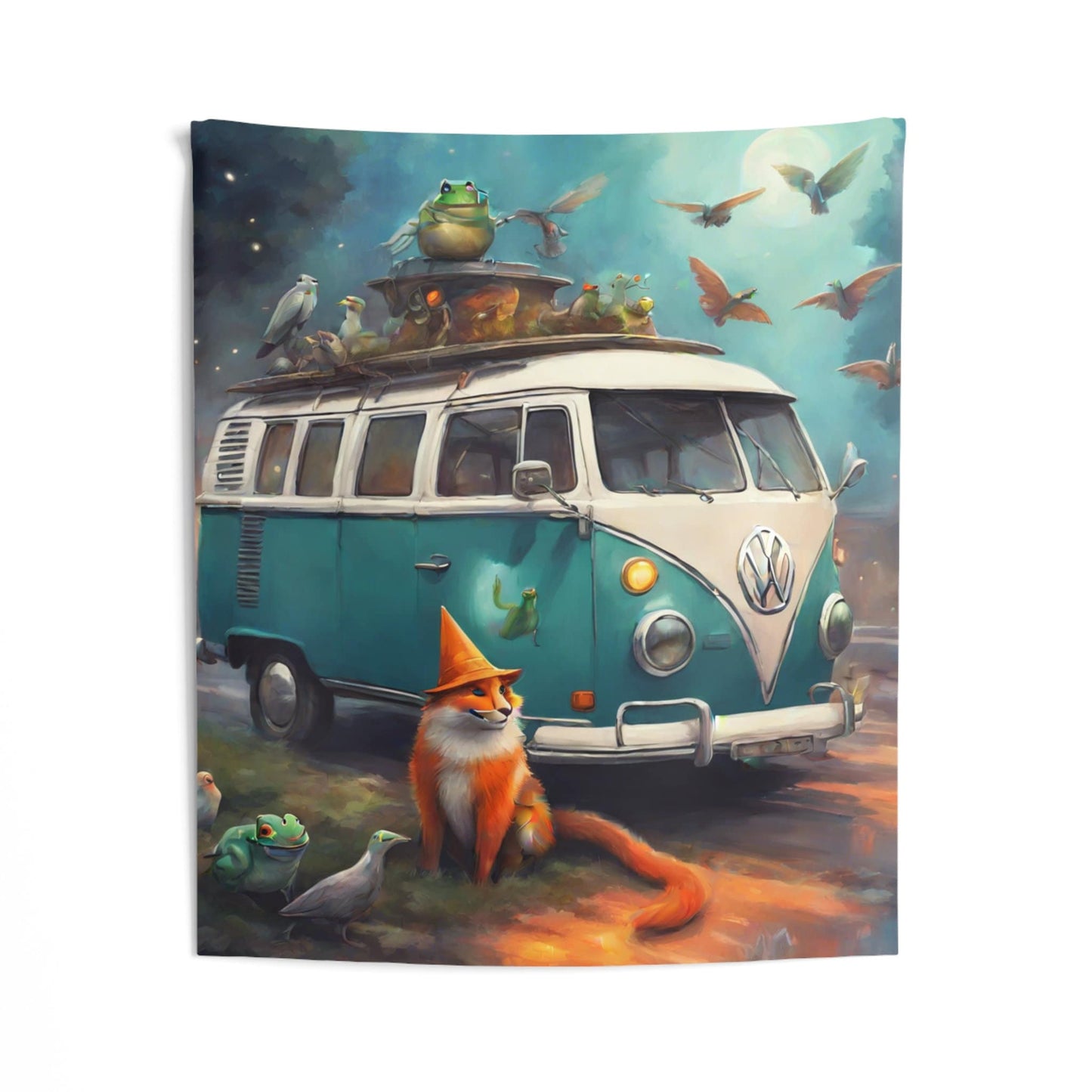 Fox, Toad, and Traffic Cone tapestry original music festival art 60x50