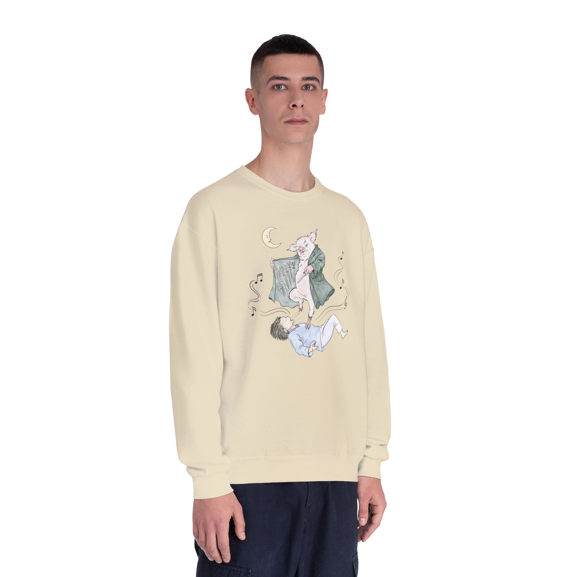 Crewneck sweatshirt featuring original hand-drawn Guyute-inspired artwork with a surreal pig, moon, musical mist, and muted storybook colors.