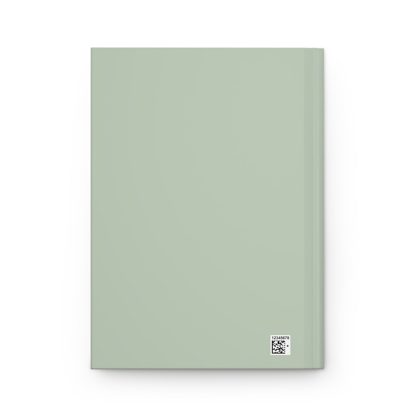 A minimalist hardcover notebook in a muted sage green color, shown closed against a clean white background with a small square logo sticker in the bottom right corner.