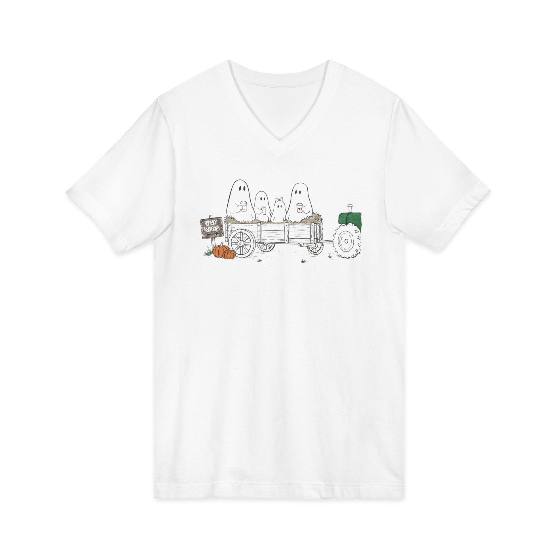 Classic white unisex t-shirt featuring a hand-drawn ghost family riding in a hay wagon with pumpkins, coffee mugs, and a vintage tractor from The Story of the Ghost Chapter 1 collection.