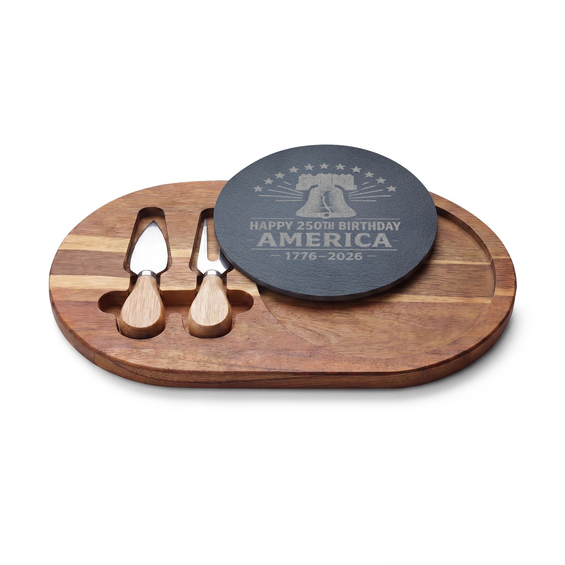 Acacia wood charcuterie board with engraved slate featuring a Liberty Bell and “Happy 250th Birthday America 1776-2026” patriotic design.