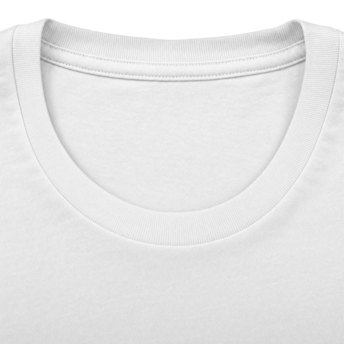 Close-up of a white crew-neck t-shirt showing the ribbed collar and inner neck lining.
