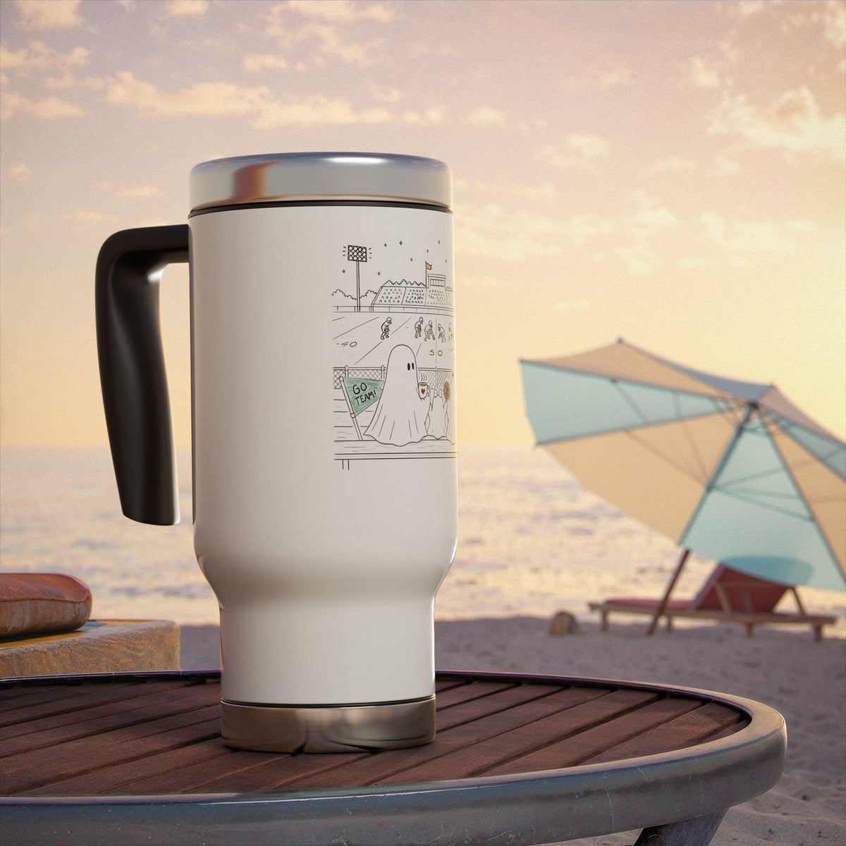 White 14 oz stainless steel insulated travel mug featuring cute ghost family football artwork from Chapter 5, Friday Night Lights, of The Story of the Ghost collection by Market Mafia Creations.
