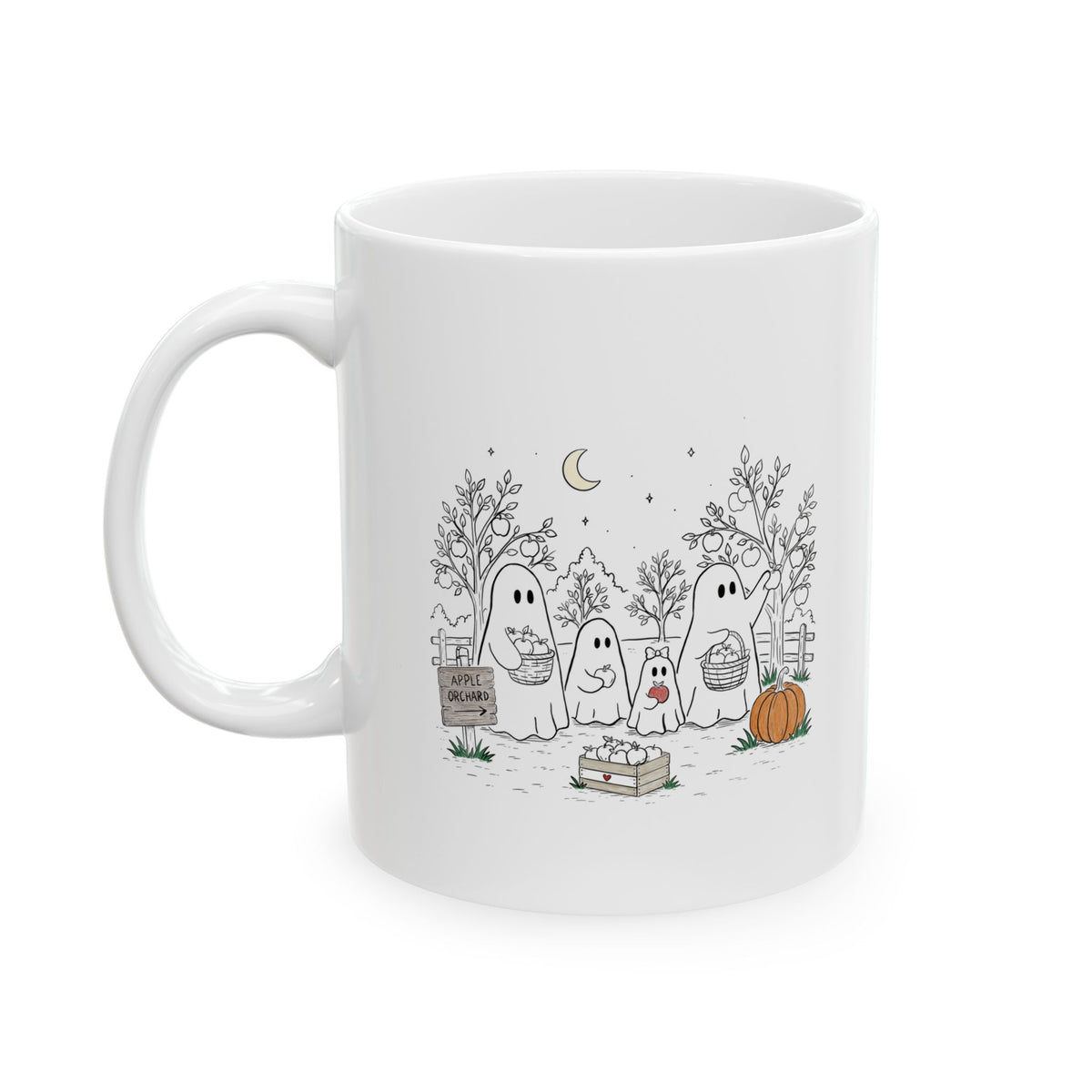 Coffee mug featuring a cute ghost family picking apples in an autumn orchard with baskets, pumpkin, trees and moon from The Story of the Ghost Chapter 4.