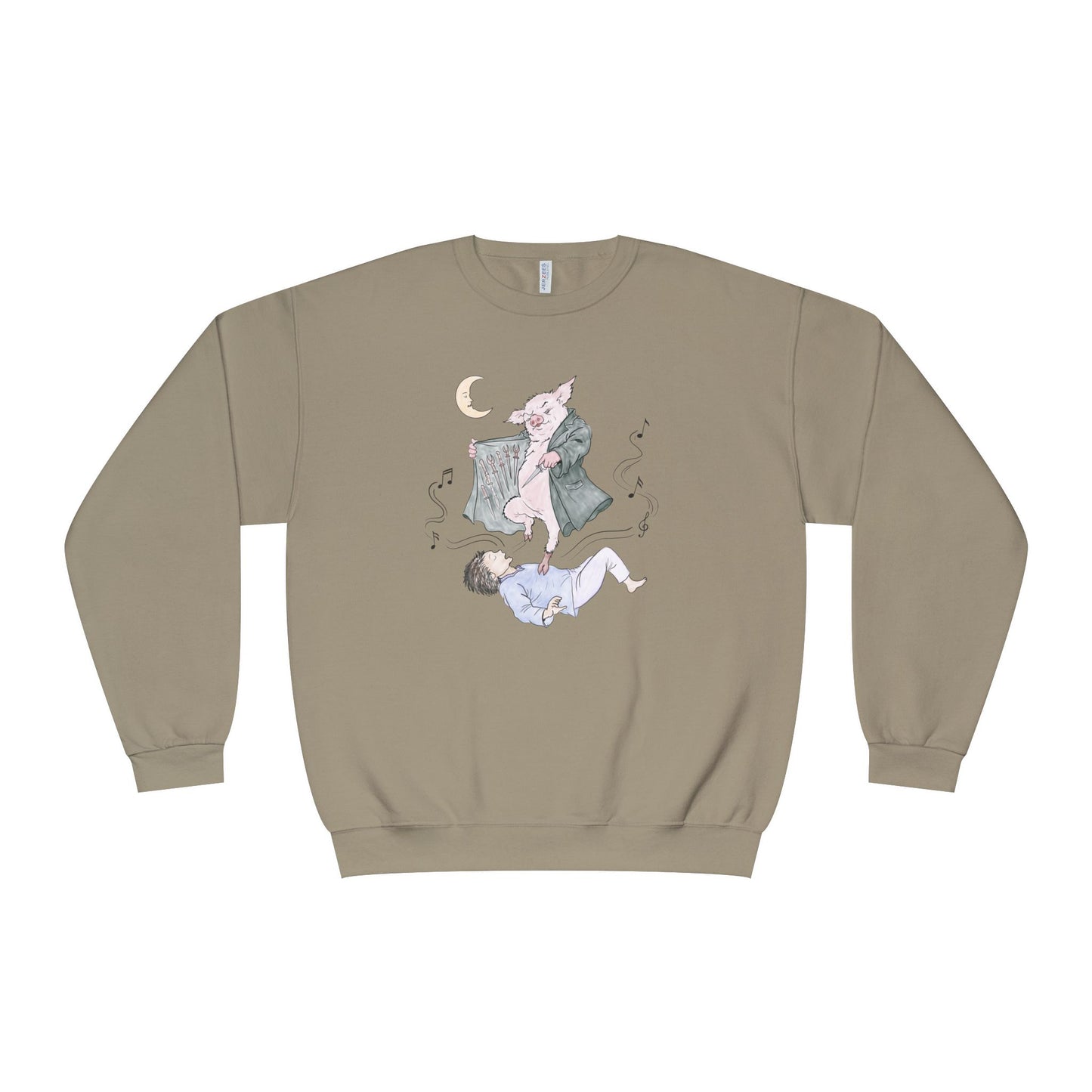 A taupe crewneck sweatshirt featuring a whimsical graphic print of a pig in a teal coat and a child in a light blue outfit under a crescent moon, displayed on a clean white background.