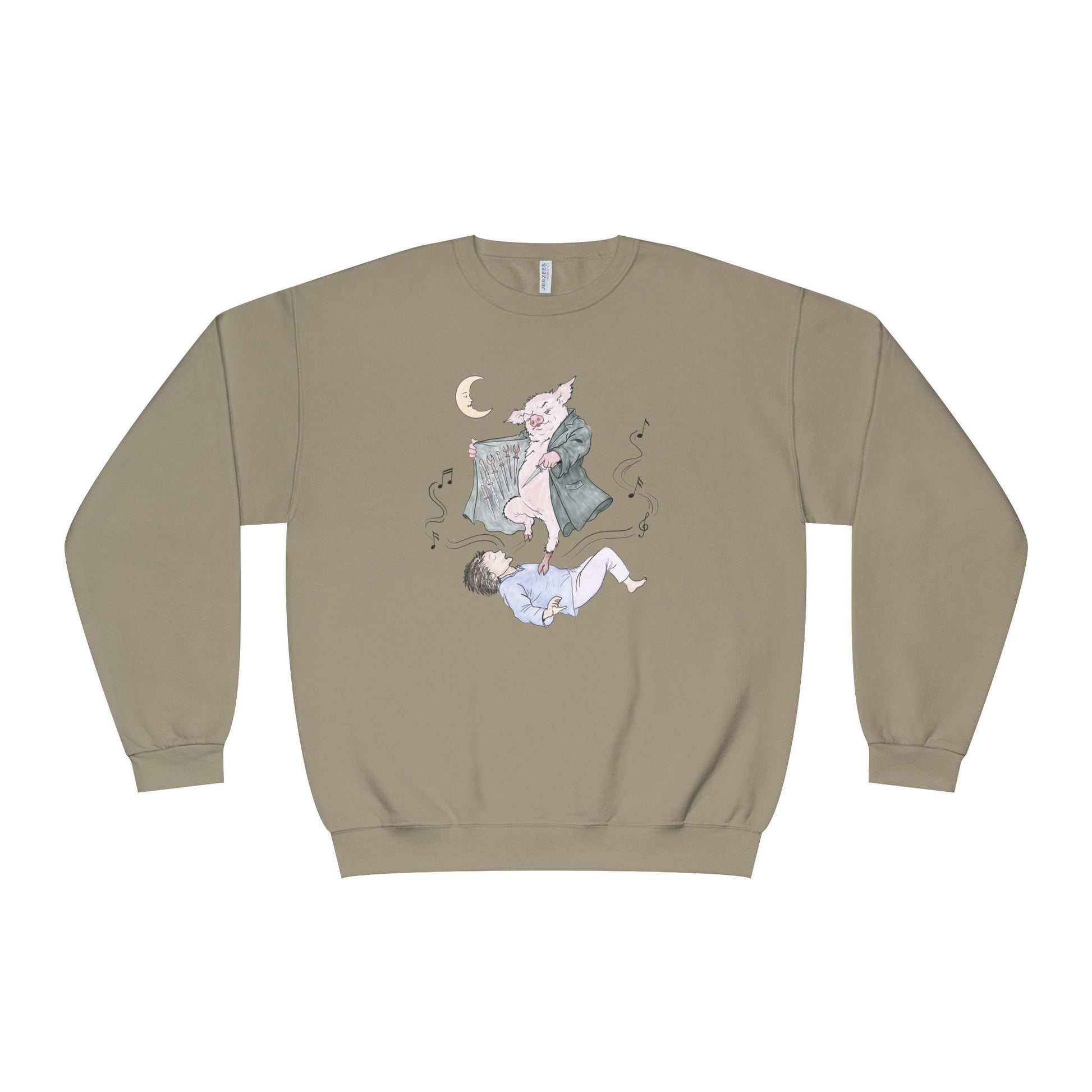 Crewneck sweatshirt featuring original hand-drawn Guyute-inspired artwork with a surreal pig, moon, musical mist, and muted storybook colors.