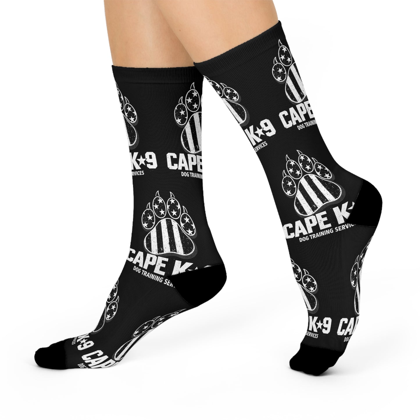 Black socks with white graphics and text on a white background