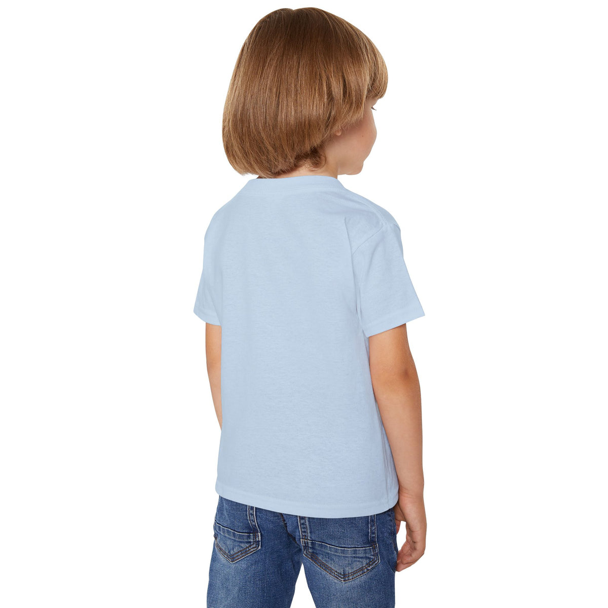 Child wearing a light blue tee shirt and jeans on a white background