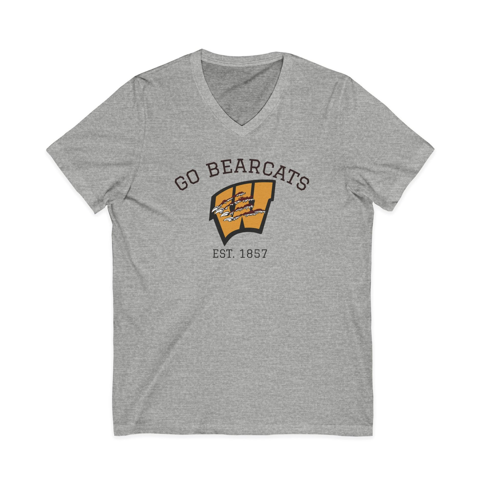Custom Whitesboro Middle School Bearcats V-neck shirt featuring a gold clawed W logo with Go Bearcats lettering and a vintage athletic design.