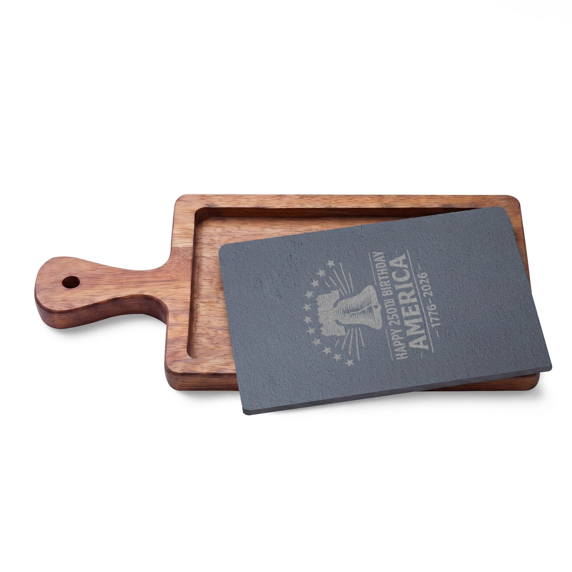 Acacia wood charcuterie board with engraved slate featuring a Liberty Bell and “Happy 250th Birthday America 1776-2026” patriotic design.