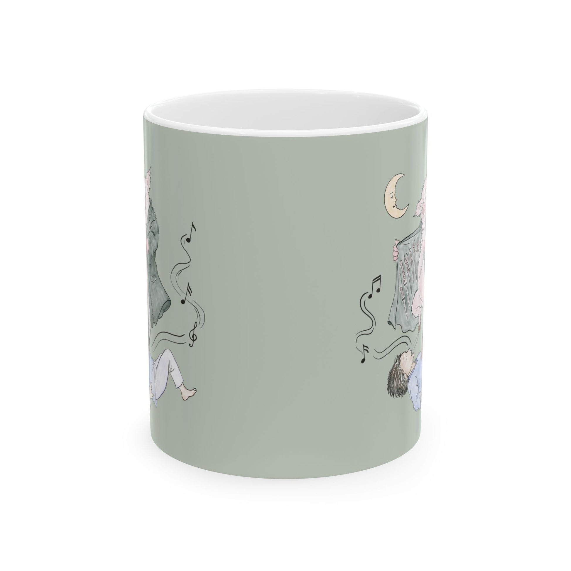 Sage green ceramic mug featuring original hand-drawn Guyute-inspired artwork with a surreal pig, musical mist, moon, and hidden song details.