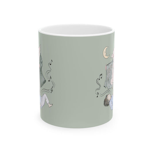 Sage green ceramic mug featuring original hand-drawn Guyute-inspired artwork with a surreal pig, musical mist, moon, and hidden song details.