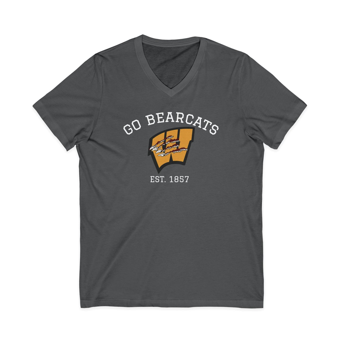 Custom Whitesboro Middle School Bearcats V-neck shirt featuring a gold clawed W logo with Go Bearcats lettering and a vintage athletic design.