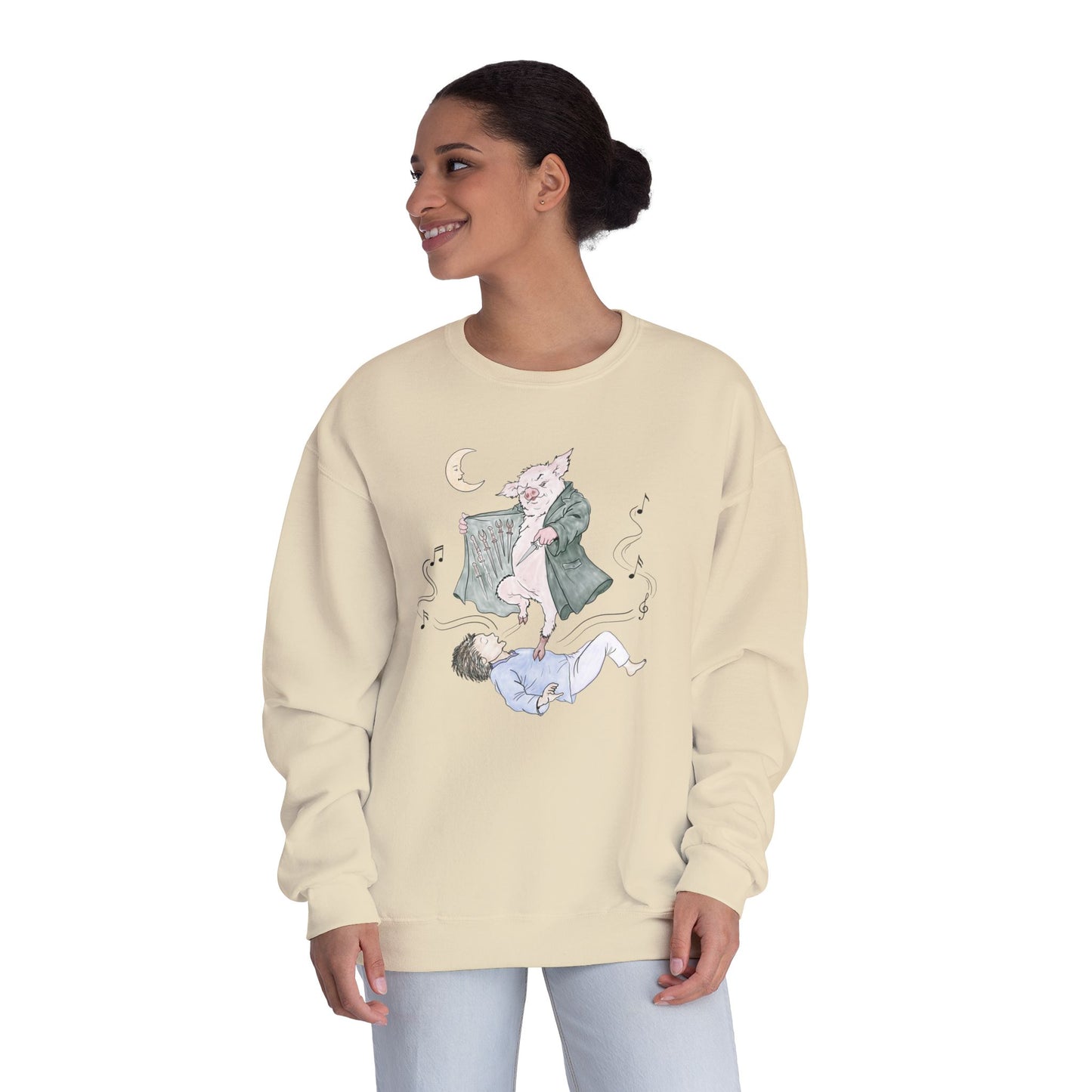 Crewneck sweatshirt featuring original hand-drawn Guyute-inspired artwork with a surreal pig, moon, musical mist, and muted storybook colors.