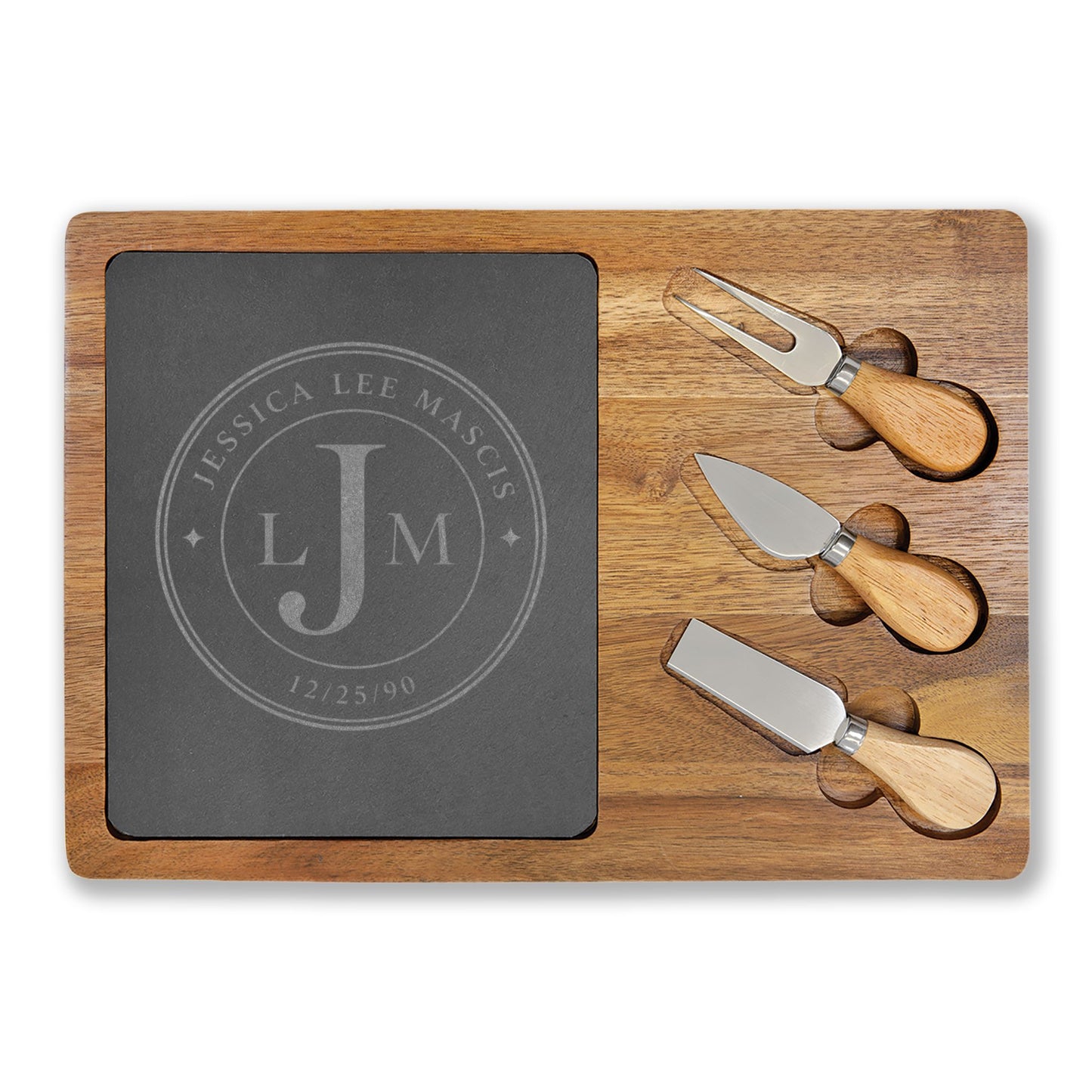Personalized Charcuterie Board Gift | Engraved Cheese Board with Serving Tools | Custom Family Name Board