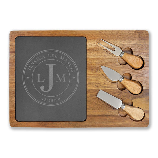 Personalized Charcuterie Board Gift | Engraved Cheese Board with Serving Tools | Custom Family Name Board