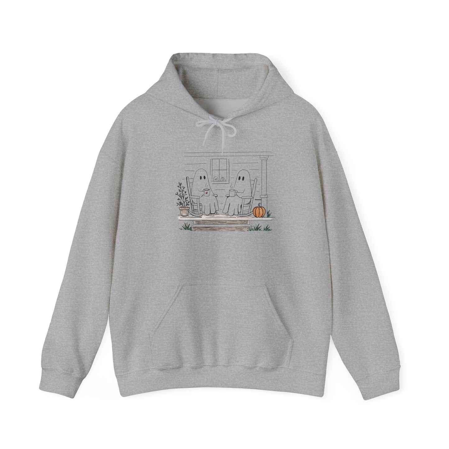 Pullover hoodie featuring a hand-drawn ghost family enjoying coffee in rocking chairs on a front porch, with two little ghosts peeking through the window, a pumpkin, and subtle fall color accents.