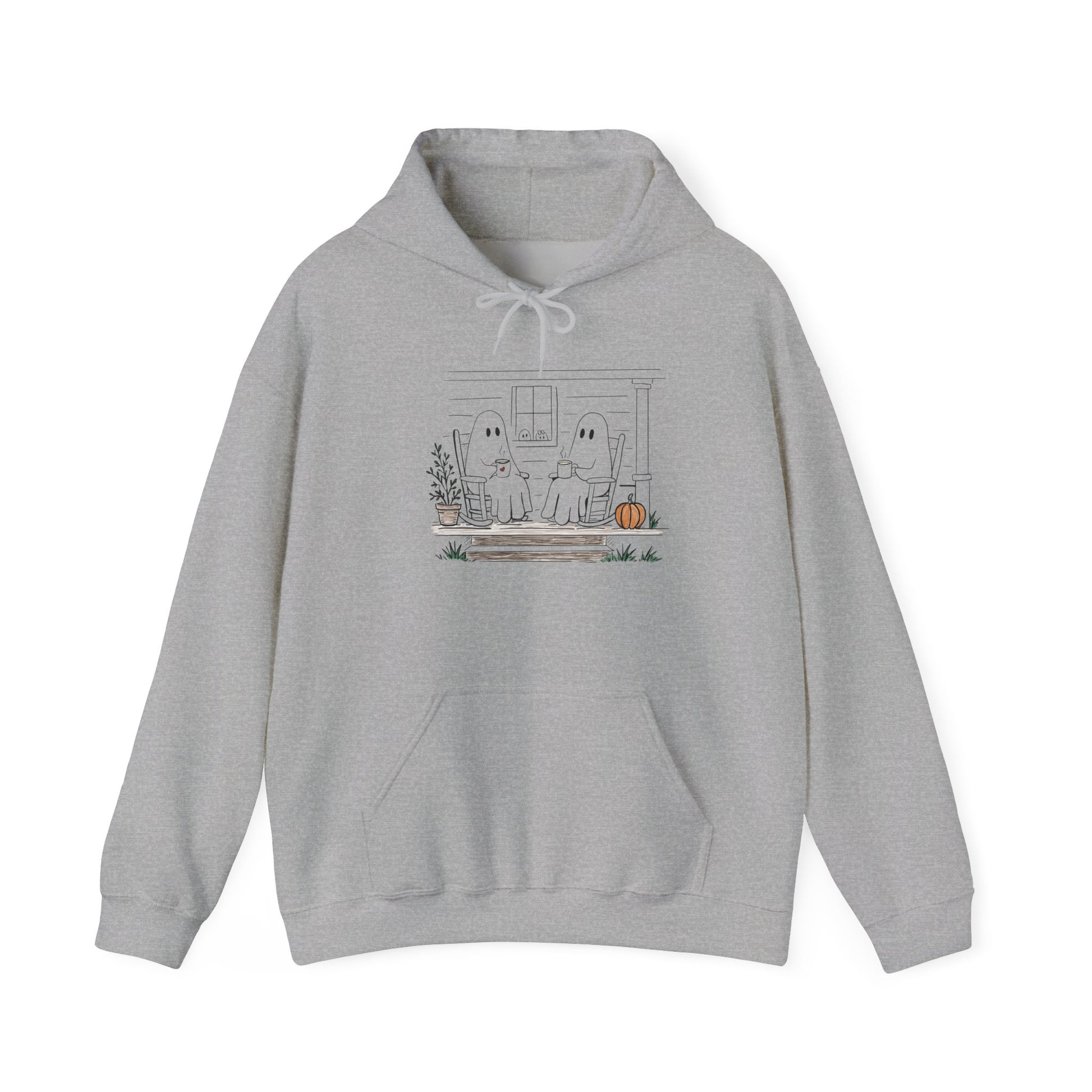 Pullover hoodie featuring a hand-drawn ghost family enjoying coffee in rocking chairs on a front porch, with two little ghosts peeking through the window, a pumpkin, and subtle fall color accents.
