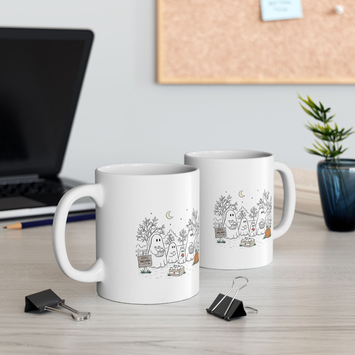 Coffee mug featuring a cute ghost family picking apples in an autumn orchard with baskets, pumpkin, trees and moon from The Story of the Ghost Chapter 4.