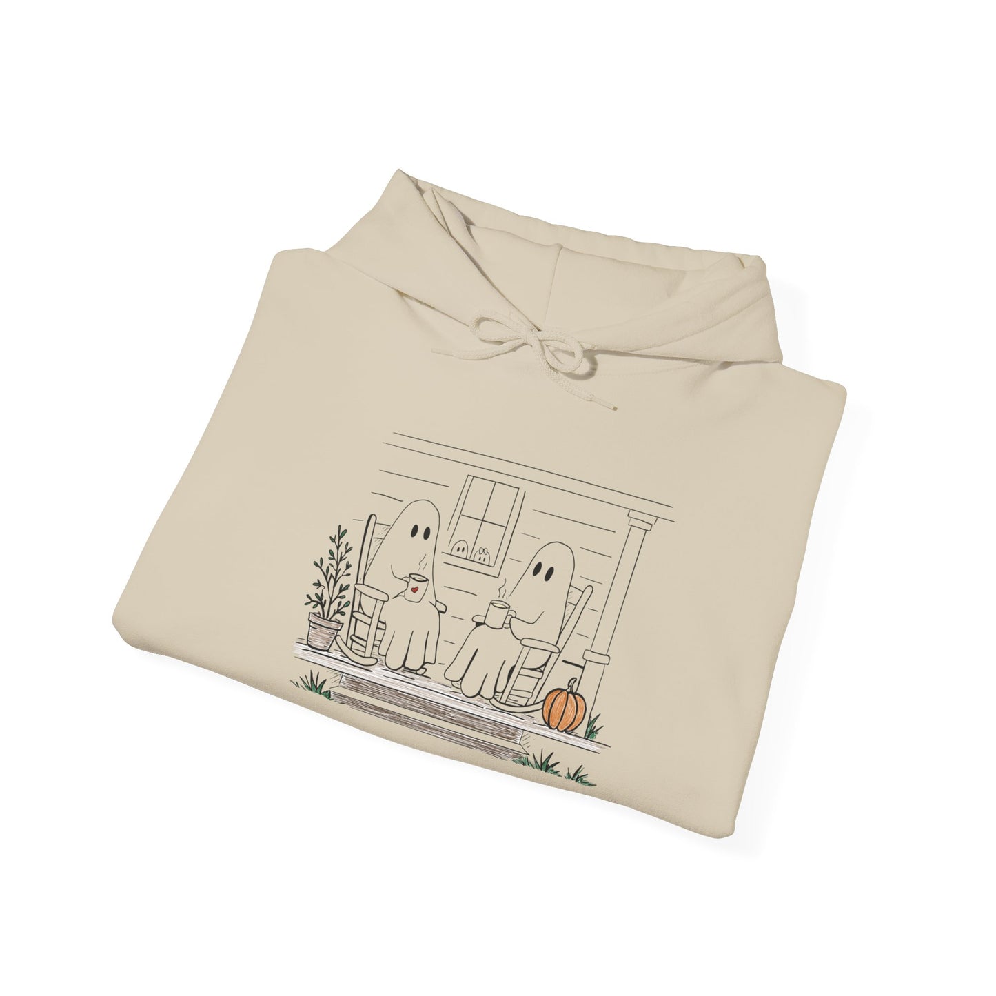 Pullover hoodie featuring a hand-drawn ghost family enjoying coffee in rocking chairs on a front porch, with two little ghosts peeking through the window, a pumpkin, and subtle fall color accents.
