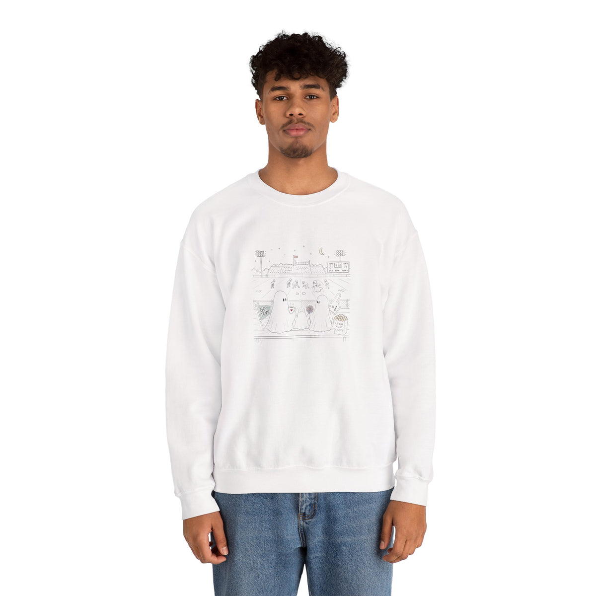 White crewneck sweatshirt featuring original cute ghost family football artwork from Friday Night Lights, Chapter 5 of The Story of the Ghost by Market Mafia Creations.