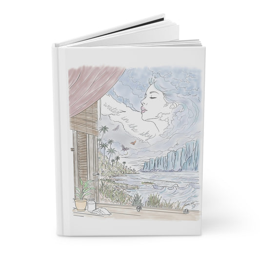 Water in the Sky hardcover journal featuring pastel coastal artwork with ocean waves, tropical palms, butterflies and a woman in the clouds.