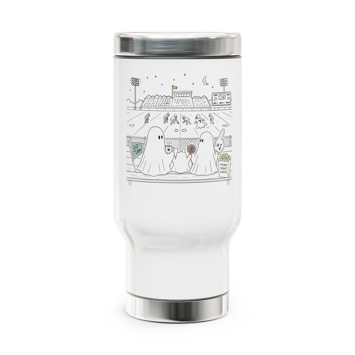 White 14 oz stainless steel insulated travel mug featuring cute ghost family football artwork from Chapter 5, Friday Night Lights, of The Story of the Ghost collection by Market Mafia Creations.