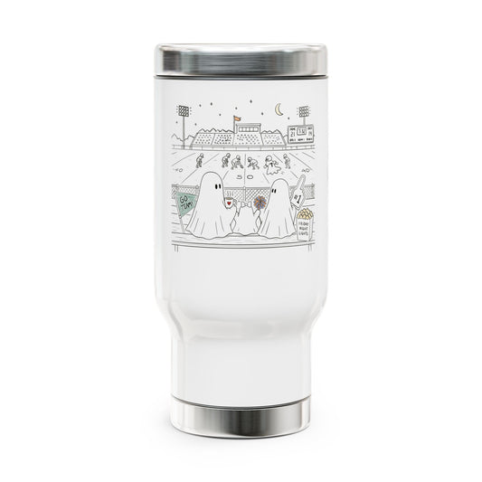 White 14 oz stainless steel insulated travel mug featuring cute ghost family football artwork from Chapter 5, Friday Night Lights, of The Story of the Ghost collection by Market Mafia Creations.