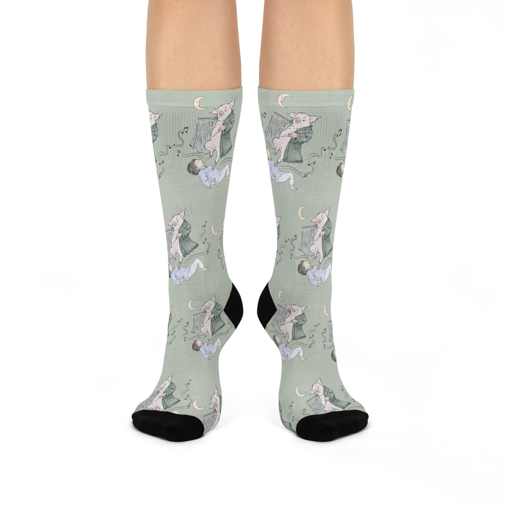 Pair of Guyute-inspired socks featuring original hand-drawn artwork with a surreal pig, moon, musical mist, and muted storybook colors.