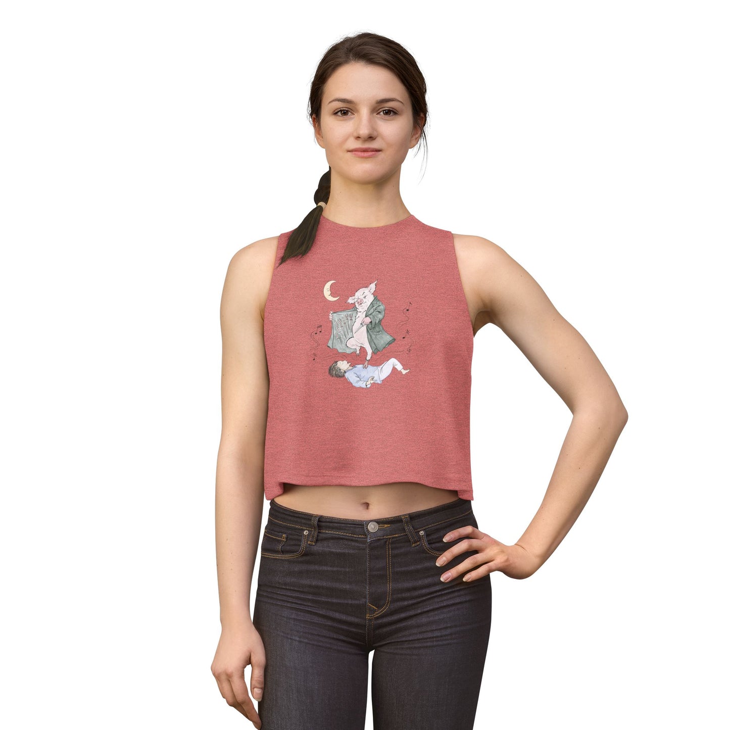 Woman wearing a red sleeveless shirt with a white graphic design on a white background