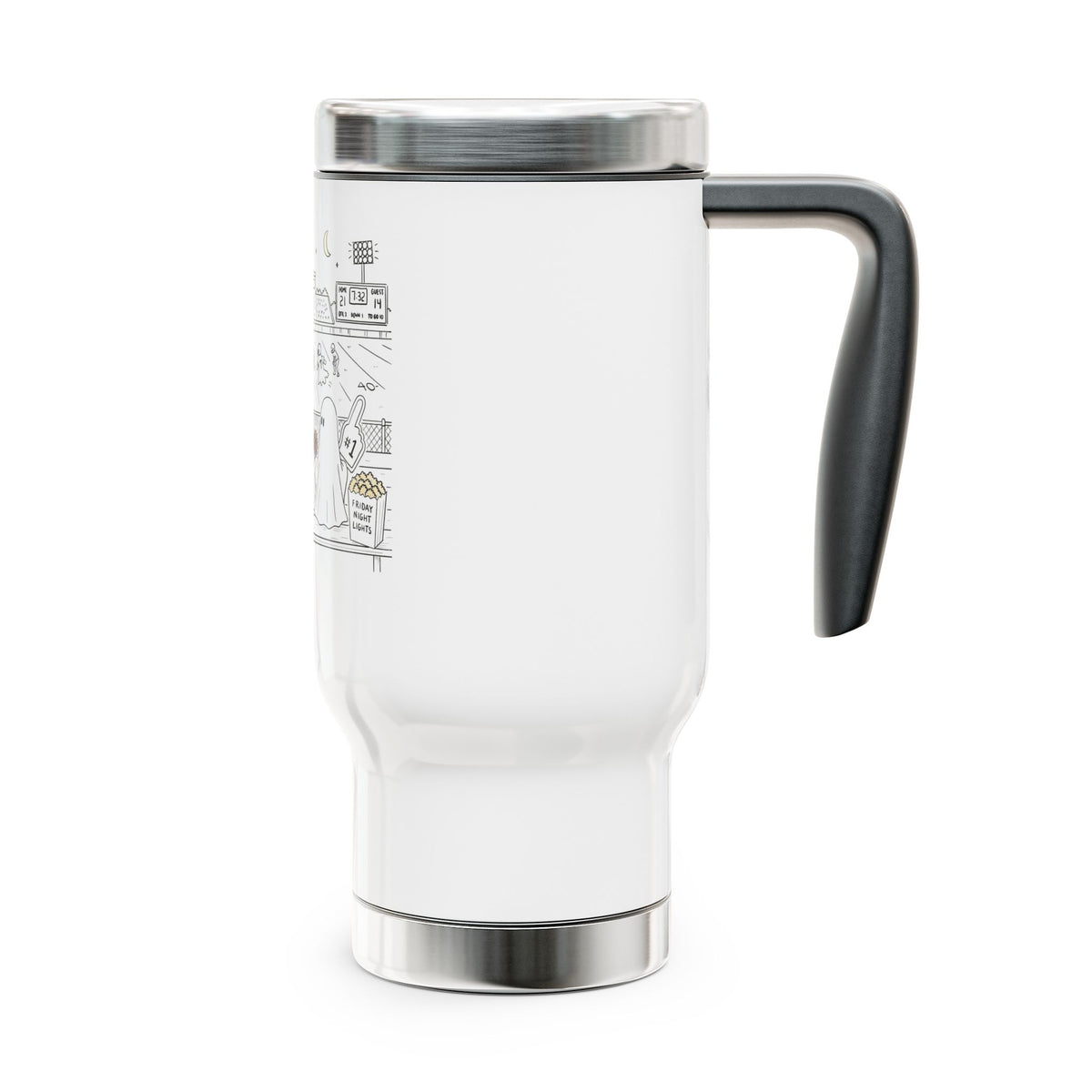 White 14 oz stainless steel insulated travel mug featuring cute ghost family football artwork from Chapter 5, Friday Night Lights, of The Story of the Ghost collection by Market Mafia Creations.