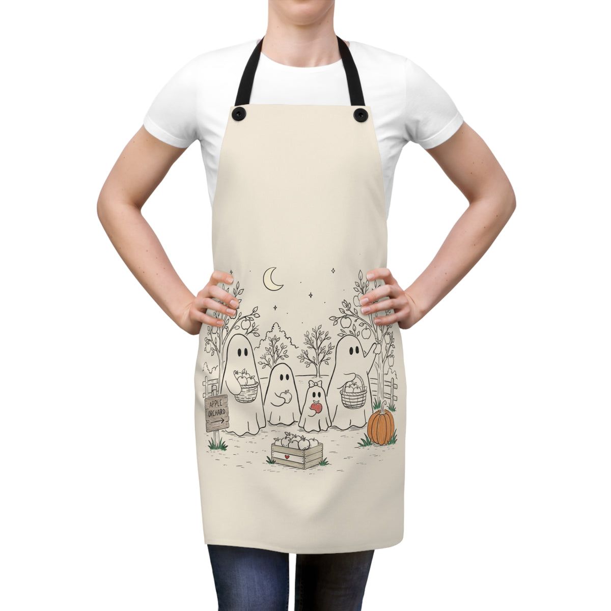 Cream apron featuring a cute ghost family picking apples in an autumn orchard with baskets, pumpkin, trees and moon from The Story of the Ghost Chapter 4.