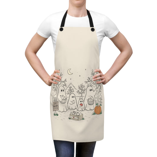 Cream apron featuring a cute ghost family picking apples in an autumn orchard with baskets, pumpkin, trees and moon from The Story of the Ghost Chapter 4.