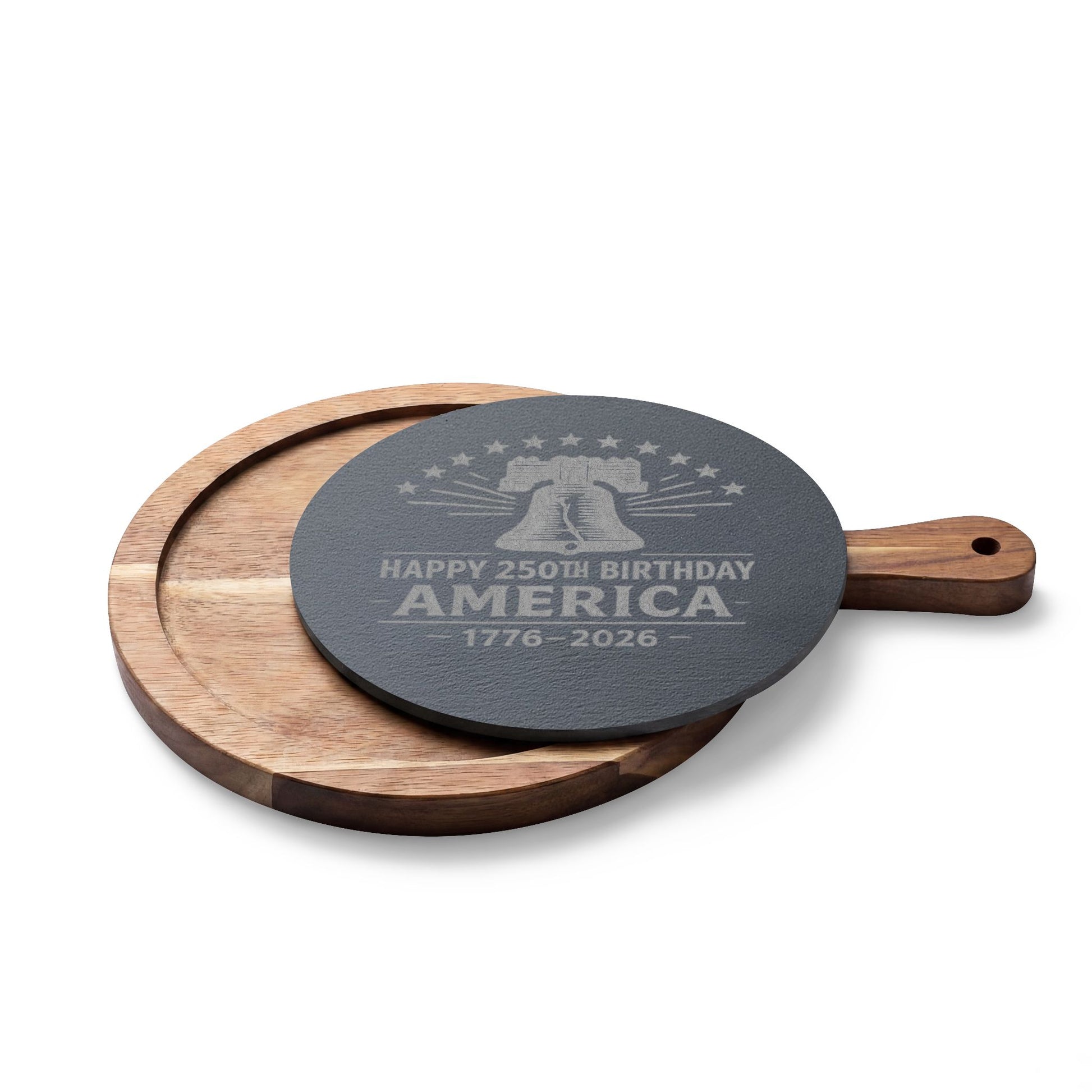 Acacia wood charcuterie board with engraved slate featuring a Liberty Bell and “Happy 250th Birthday America 1776-2026” patriotic design.