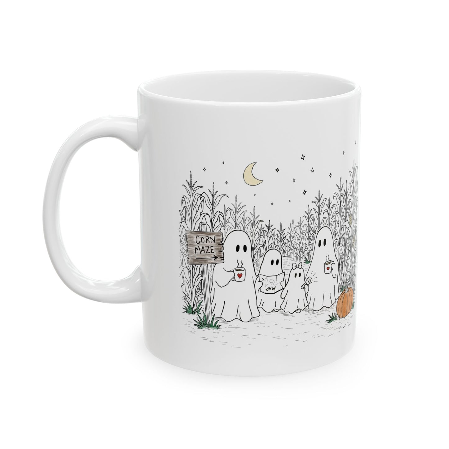 A white ceramic mug featuring a cute Halloween illustration of four ghosts in a corn maze under a crescent moon and stars.