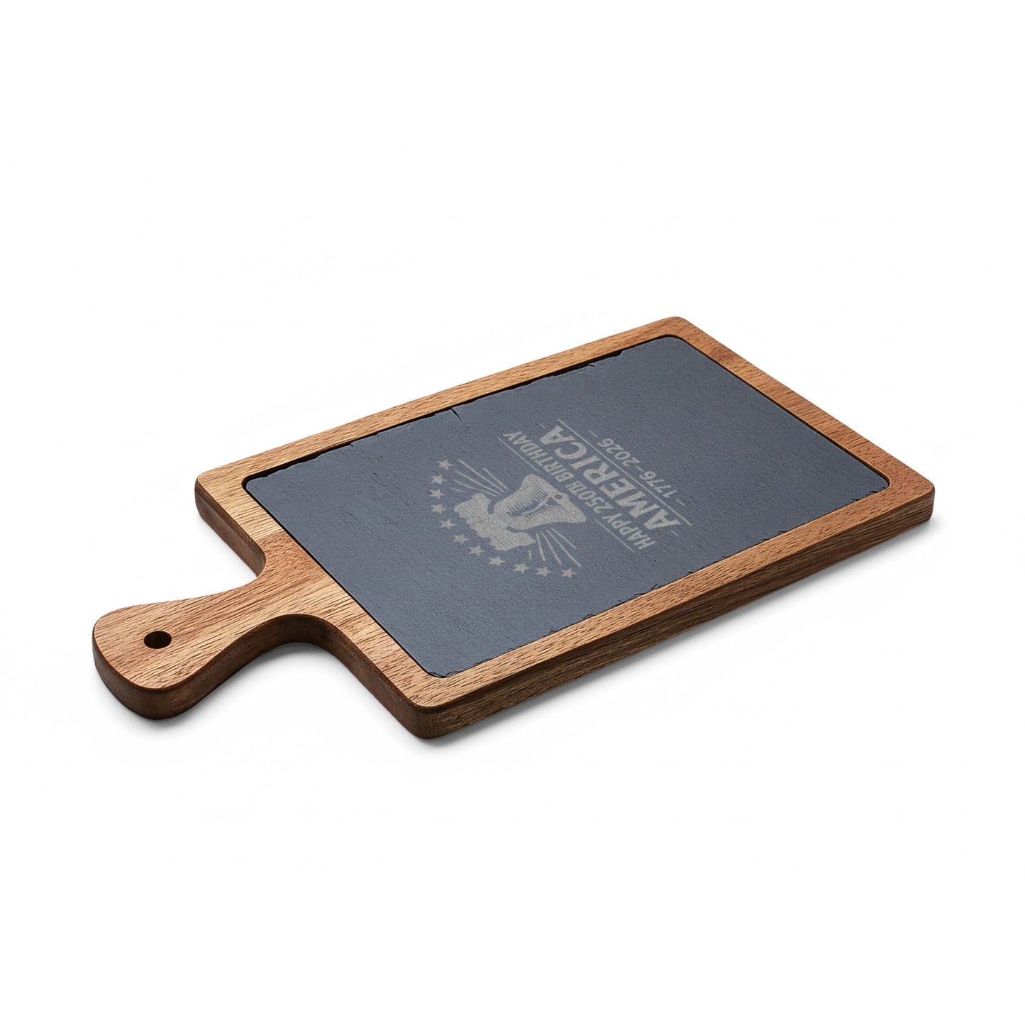 Wooden cutting board with engraved text on a white background