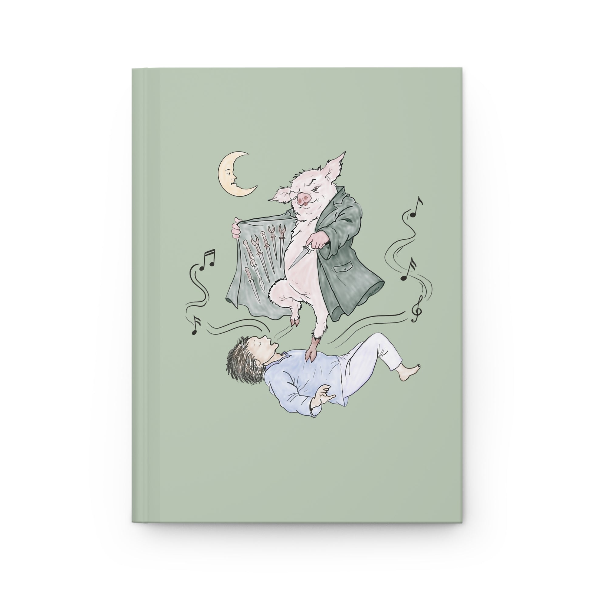 Hardcover journal featuring original hand-drawn Guyute-inspired artwork with a surreal pig, musical mist, moon, and muted storybook colors.