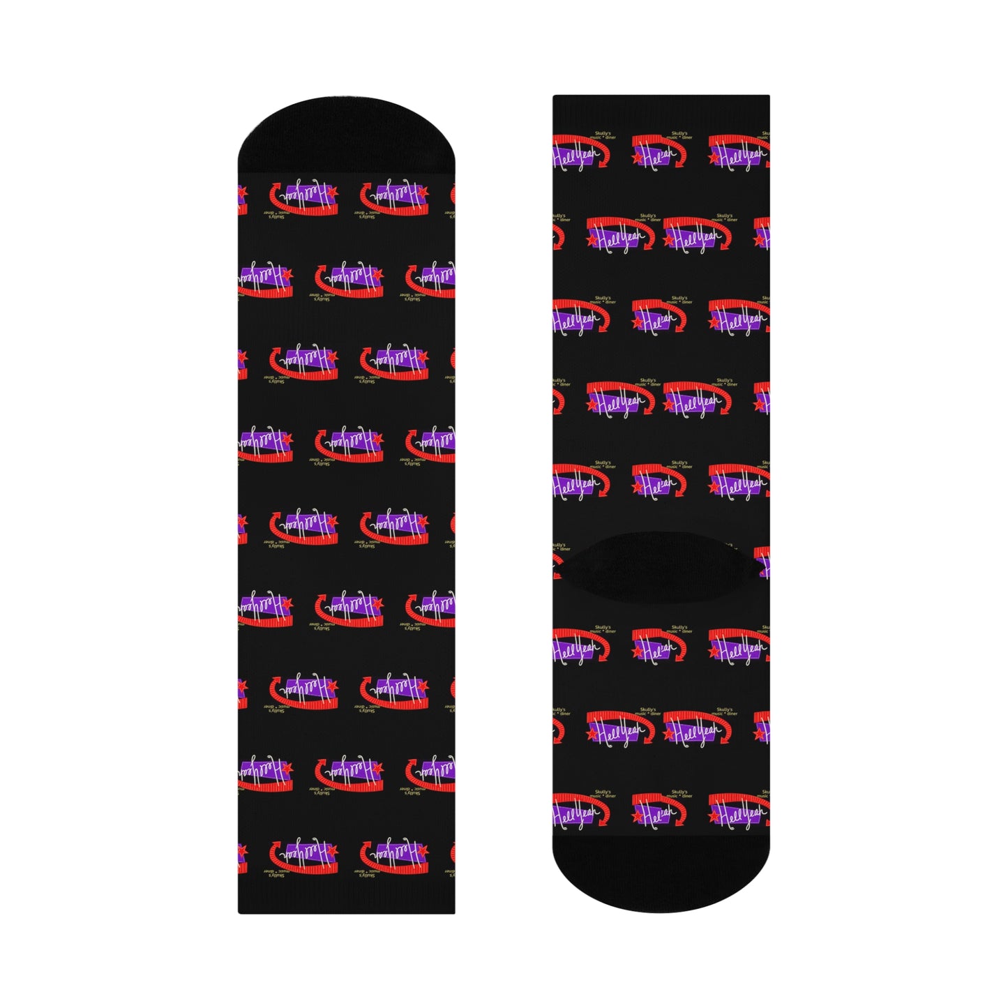 Black crew socks featuring a repeating Skully’s “Hell Yeah” inspired design in red and purple for concert and live music fans.