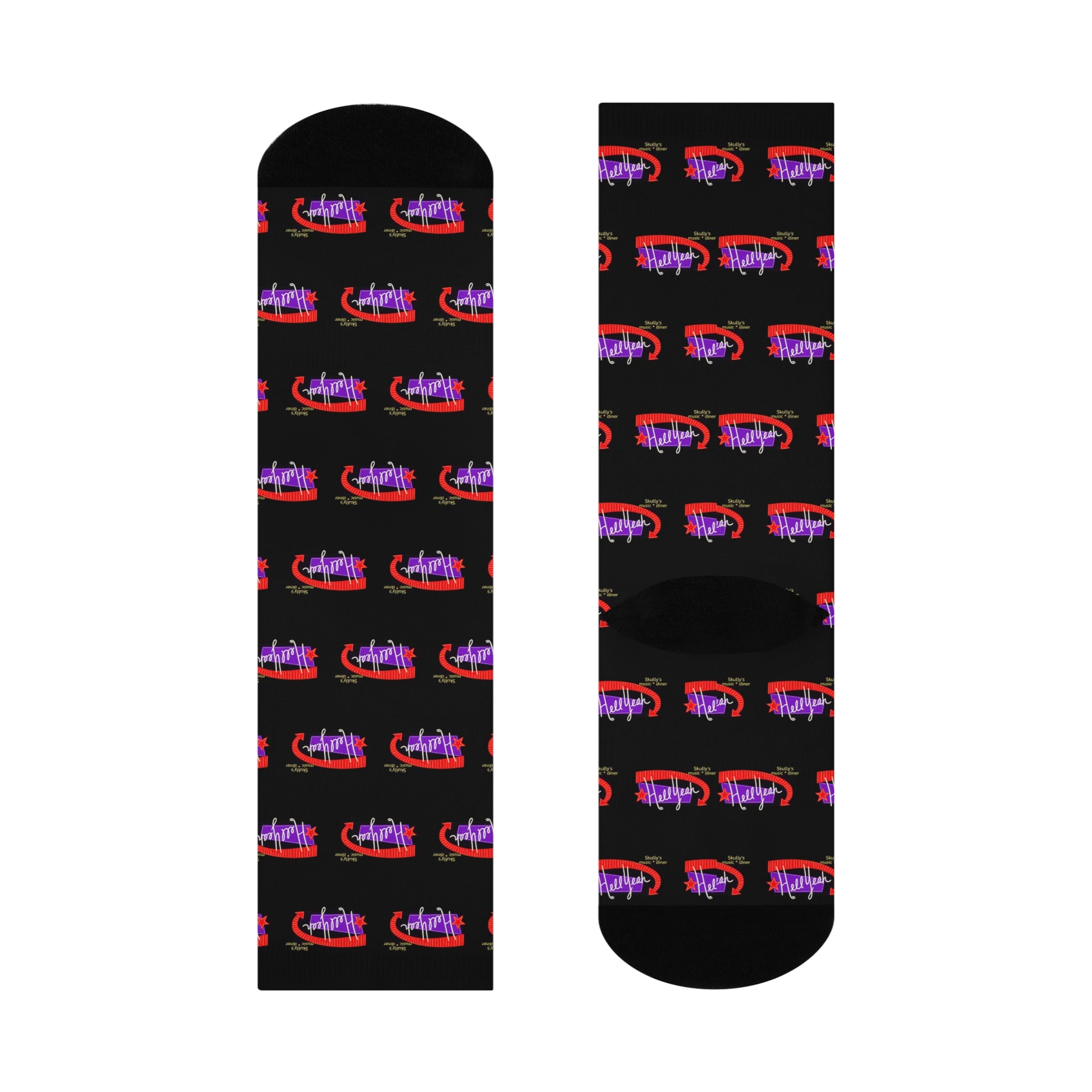 Black crew socks featuring a repeating Skully’s “Hell Yeah” inspired design in red and purple for concert and live music fans.