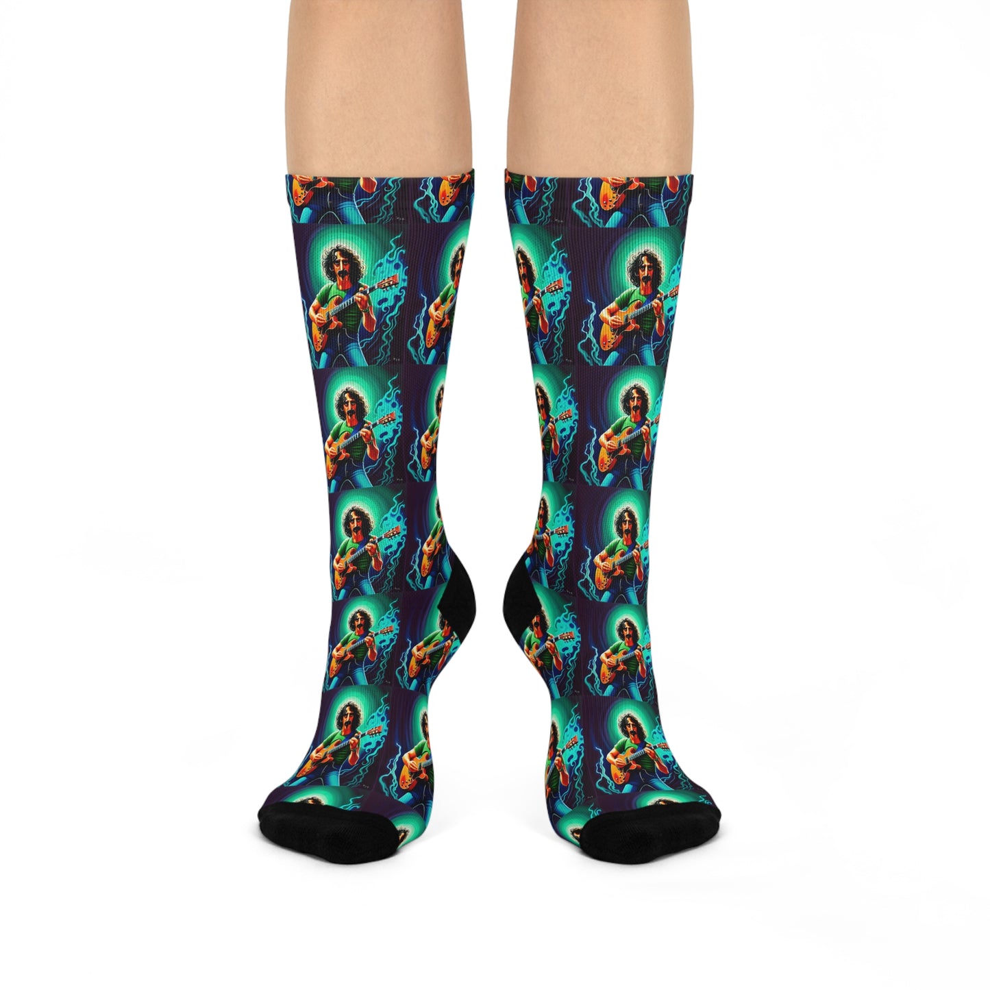     Blue and green Zappa-inspired guitar crew socks