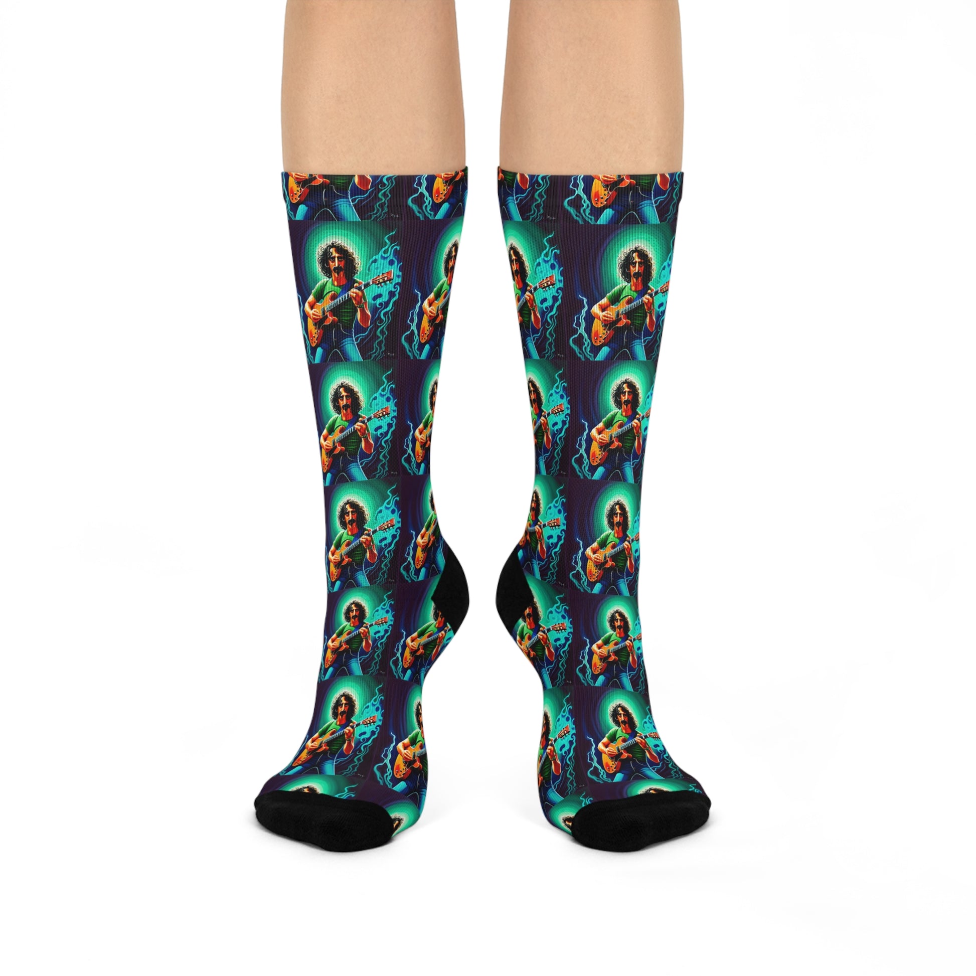     Blue and green Zappa-inspired guitar crew socks