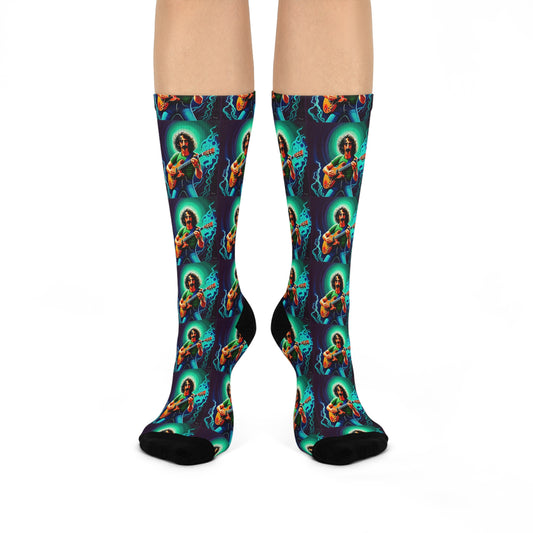     Blue and green Zappa-inspired guitar crew socks
