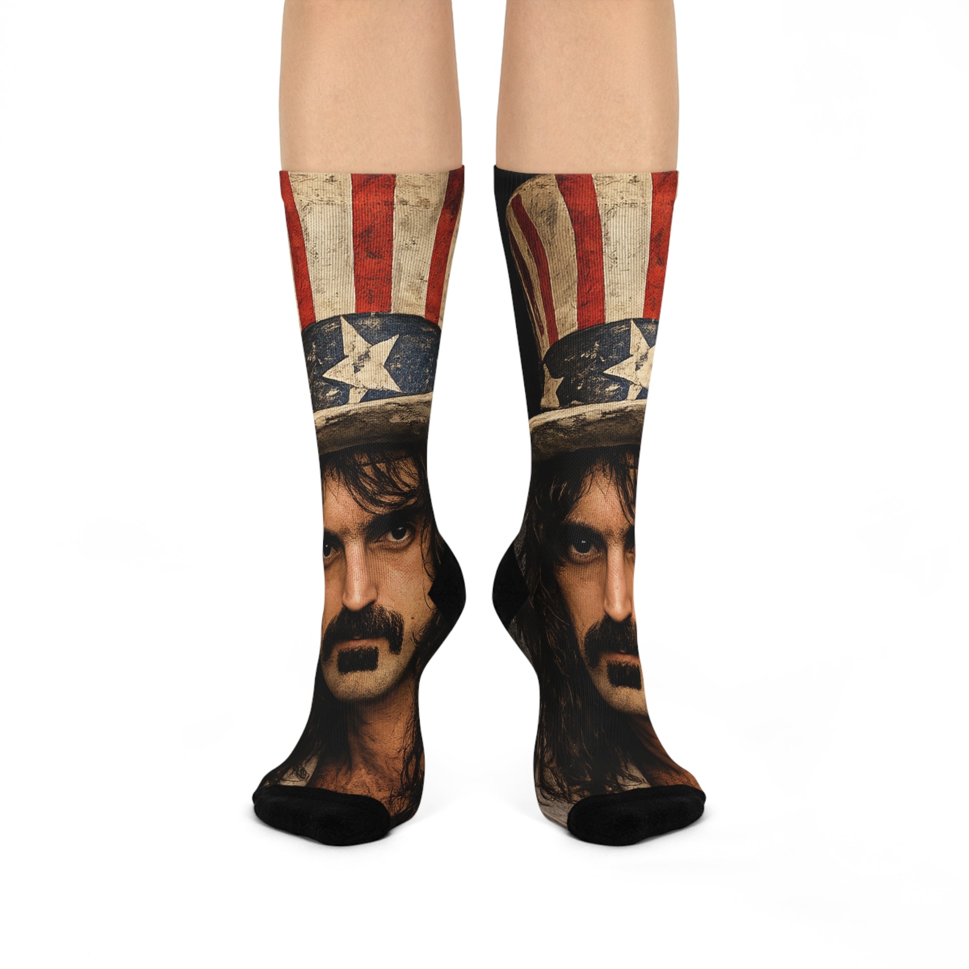 Patriotic America 250 crew socks featuring a vintage musician-inspired portrait wearing an Uncle Sam hat in celebration of America’s 250th birthday in 2026.