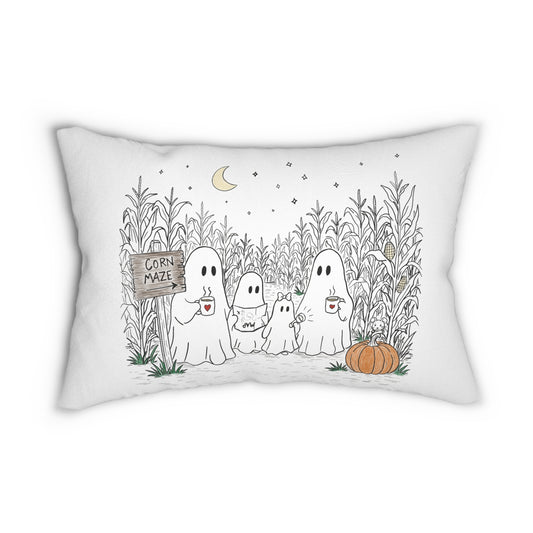 Rectangular lumbar pillow featuring a hand-drawn ghost family walking through a moonlit corn maze with warm drinks, tall corn stalks, and a pumpkin from The Story of the Ghost Chapter 2 collection.