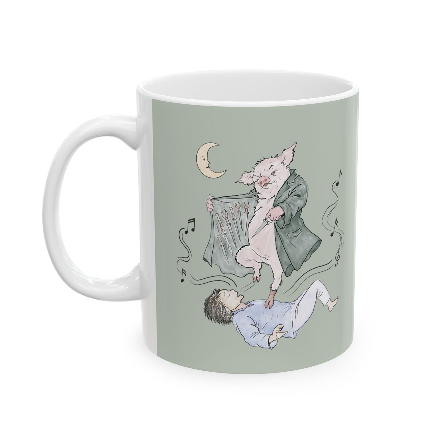 Sage green ceramic mug featuring original hand-drawn Guyute-inspired artwork with a surreal pig, musical mist, moon, and hidden song details.
