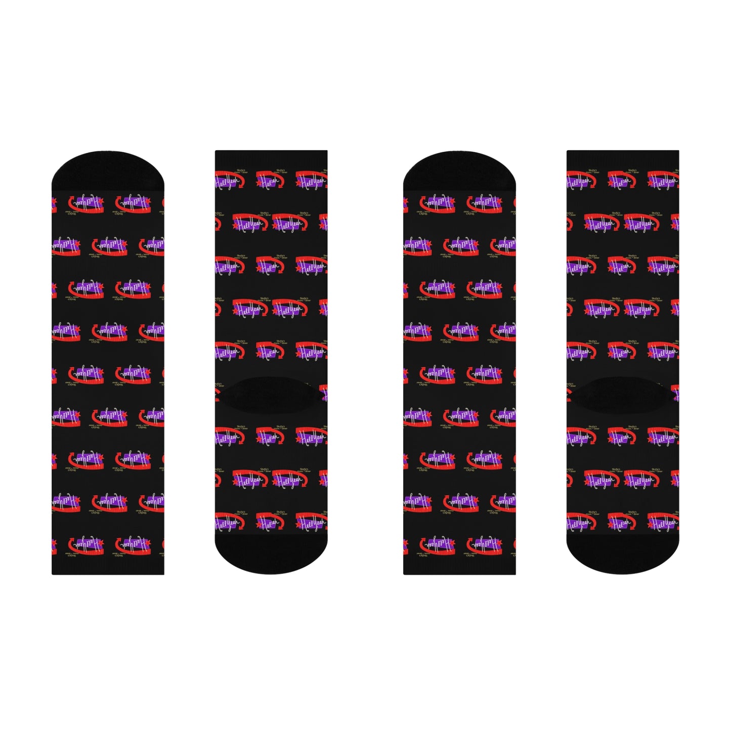 Black crew socks featuring a repeating Skully’s “Hell Yeah” inspired design in red and purple for concert and live music fans.
