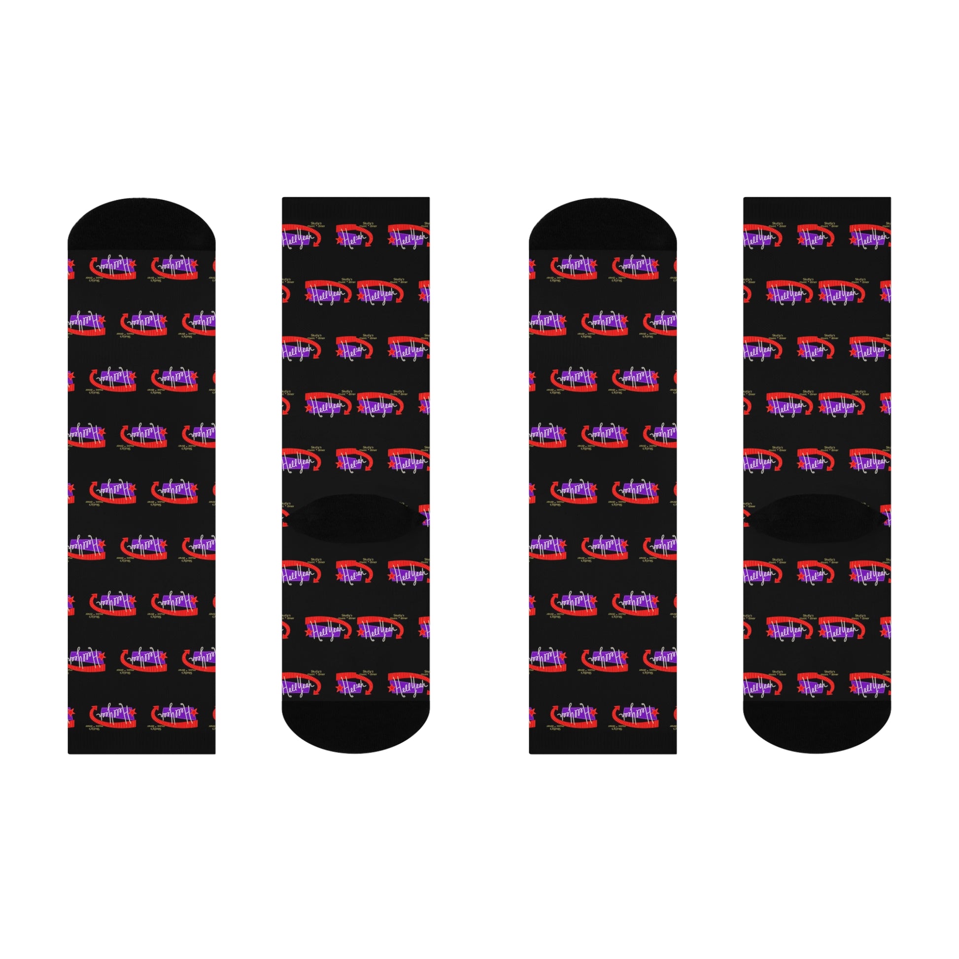 Black crew socks featuring a repeating Skully’s “Hell Yeah” inspired design in red and purple for concert and live music fans.