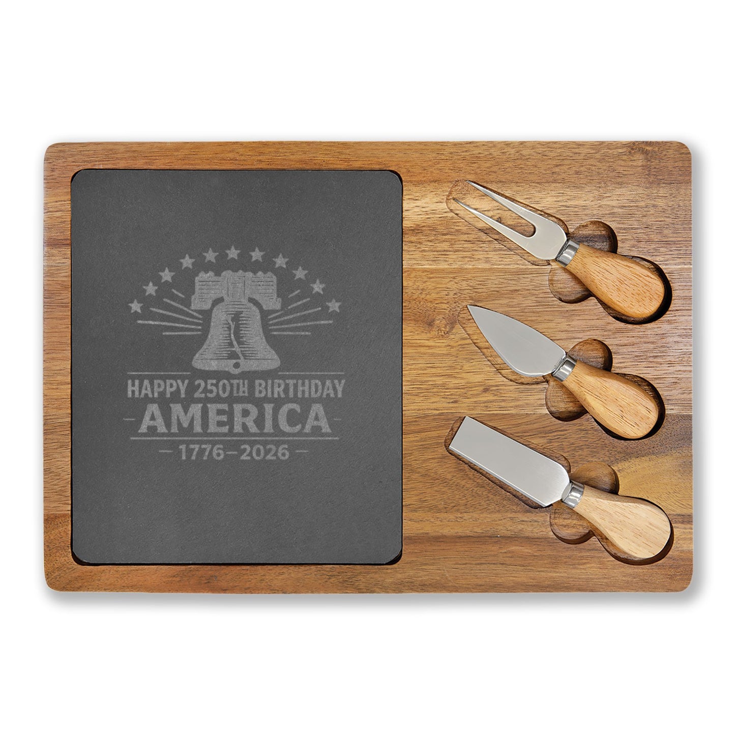 Acacia wood charcuterie board with engraved slate featuring a Liberty Bell and “Happy 250th Birthday America 1776-2026” patriotic design.