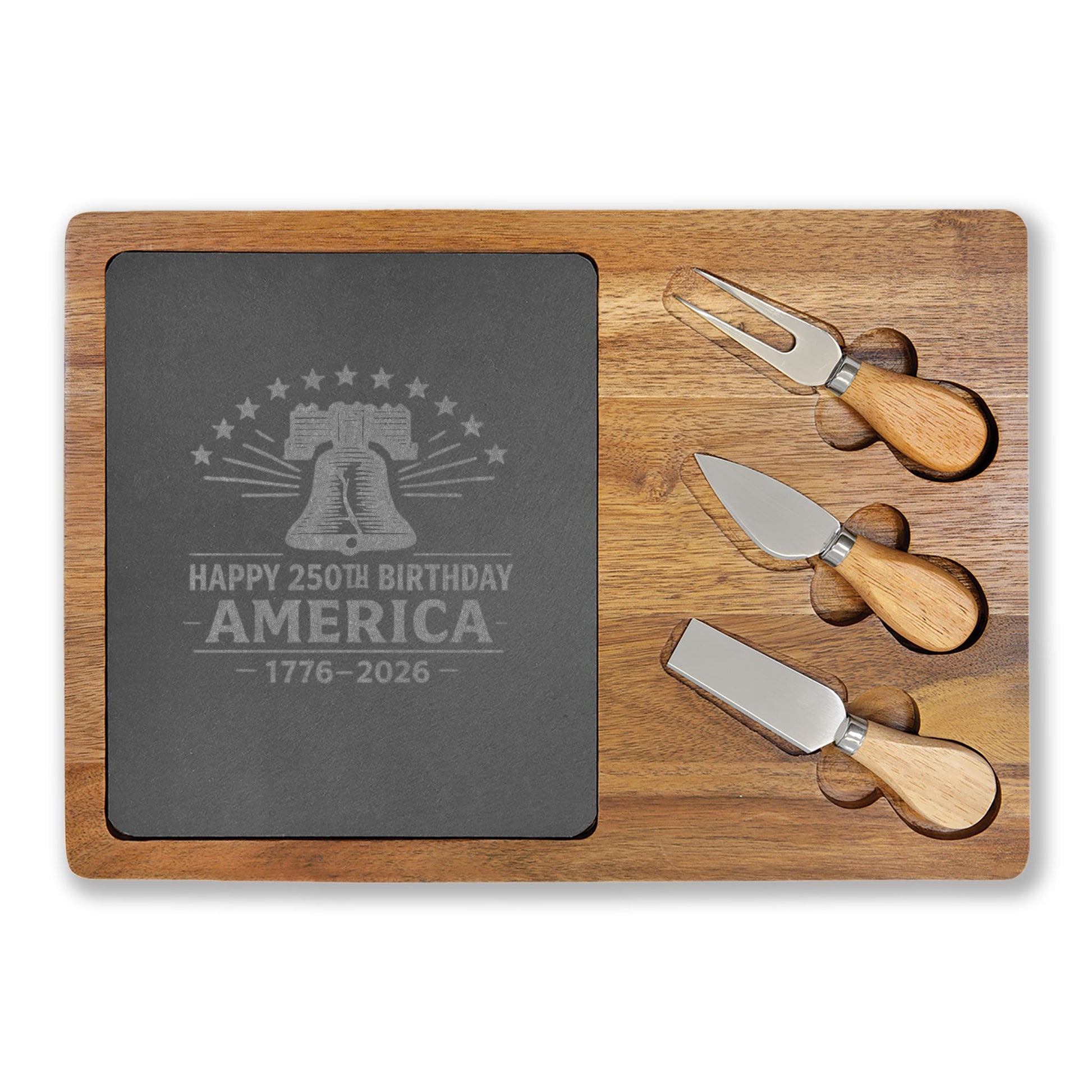Acacia wood charcuterie board with engraved slate featuring a Liberty Bell and “Happy 250th Birthday America 1776-2026” patriotic design.