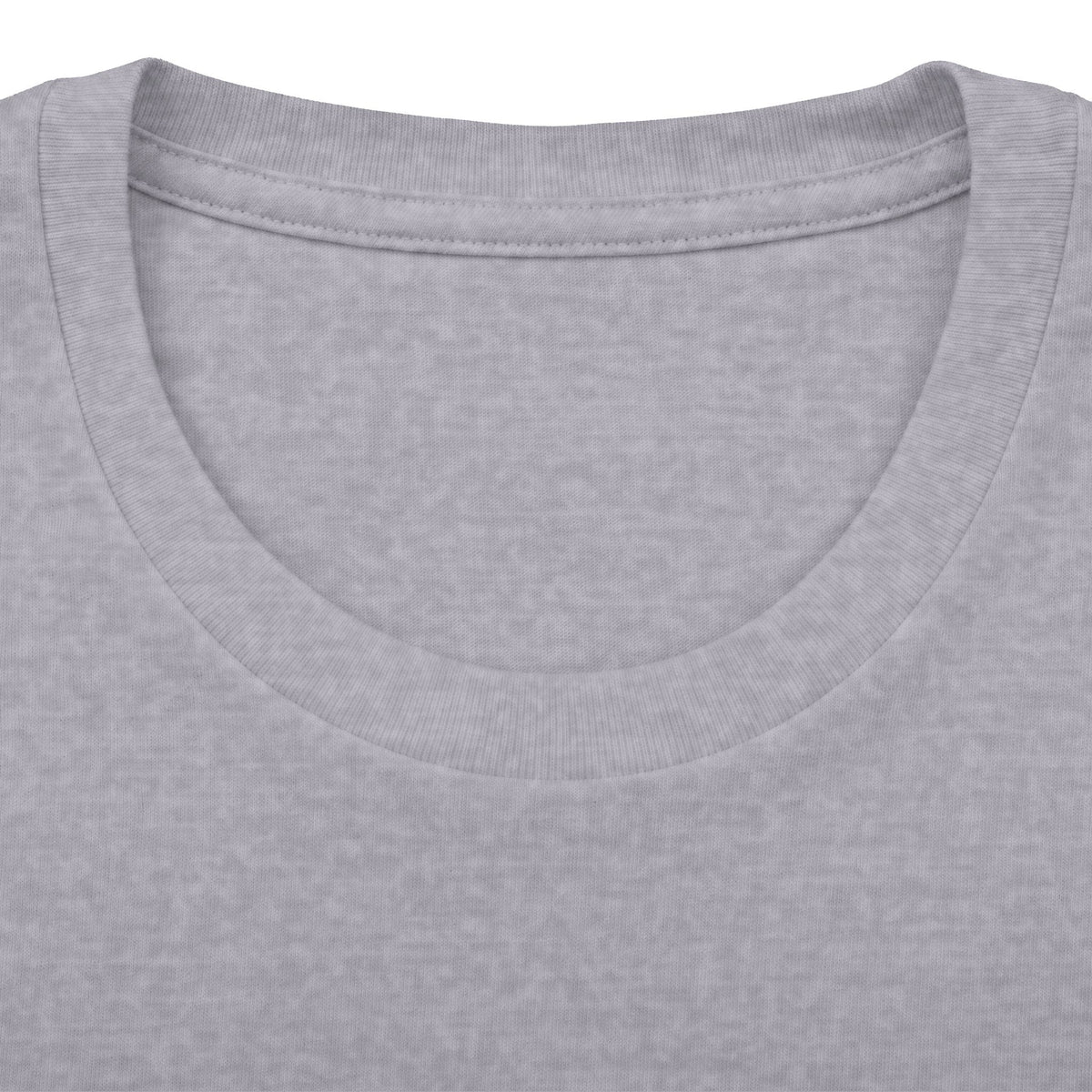 Close-up of a light gray heather crew-neck t-shirt showing the ribbed collar and inner neckline stitching.